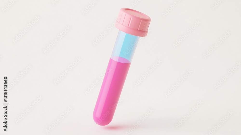 Pink liquid in a test tube with a pink cap against a white background. Pink liquid in a test tube with a pink cap against a white background.