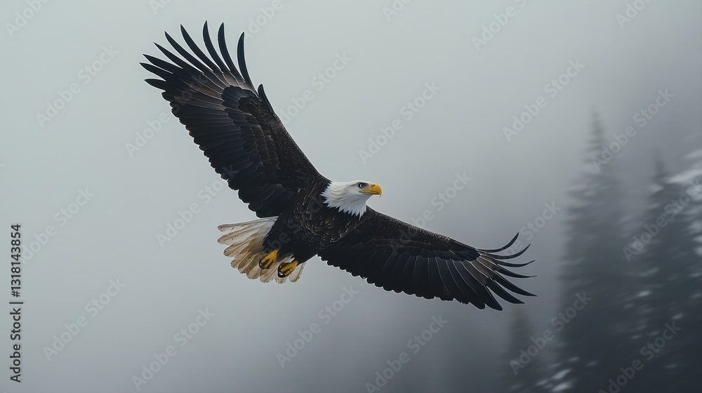Fototapeta premium Majestic Bald Eagle in Flight Against a Foggy Forest Backdrop Showcasing Powerful Wings and Sharp Eyes