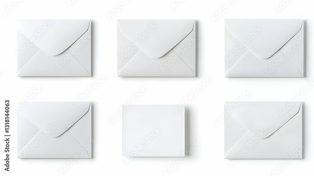 Set Of Five Closed White Envelopes And One Open Envelope Arranged On A White Background In A Flat Lay Composition Suitable For Branding Or Invitation Set Of Five Closed White Envelopes And One Open Envelope Arranged On A White Background In A Flat Lay Composition Suitable For Branding Or Invitation