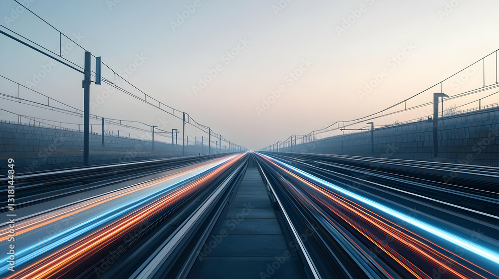 Dynamic Light Trails Of High-Speed Train On Railway Tracks At Dusk With Orange And Blue Hues Dynamic Light Trails Of High-Speed Train On Railway Tracks At Dusk With Orange And Blue Hues