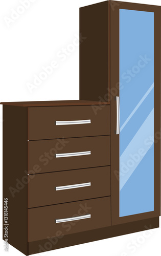 wooden cabinet with drawers and folders.A brown dresser with four drawers and a mirror on top. The dresser is made of wood and has a blue mirror.Modern Bedroom Armoire with Drawers vector illustration