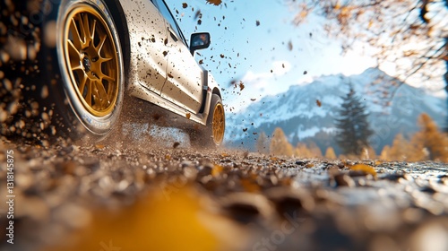Rally car, autumn mountain road