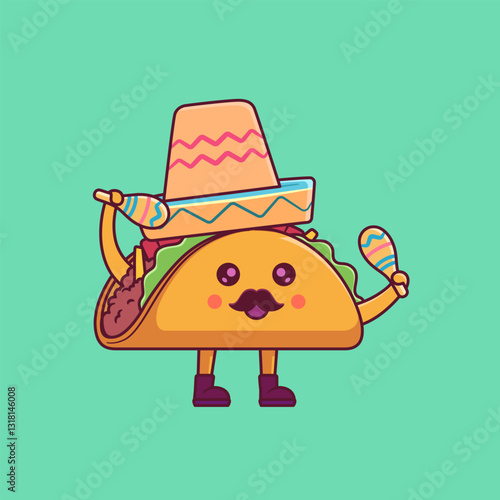 Cute cartoon of happy taco character wearing sombrero and playing maracas. Vector illustration of taco mascot.