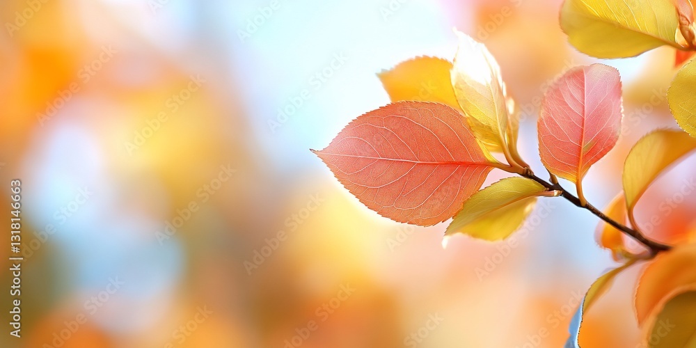 Bright orange leaves on a branch against a blurred orange-blue sky backdrop