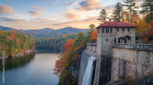 Autumnal lake dam sunrise, scenic mountains