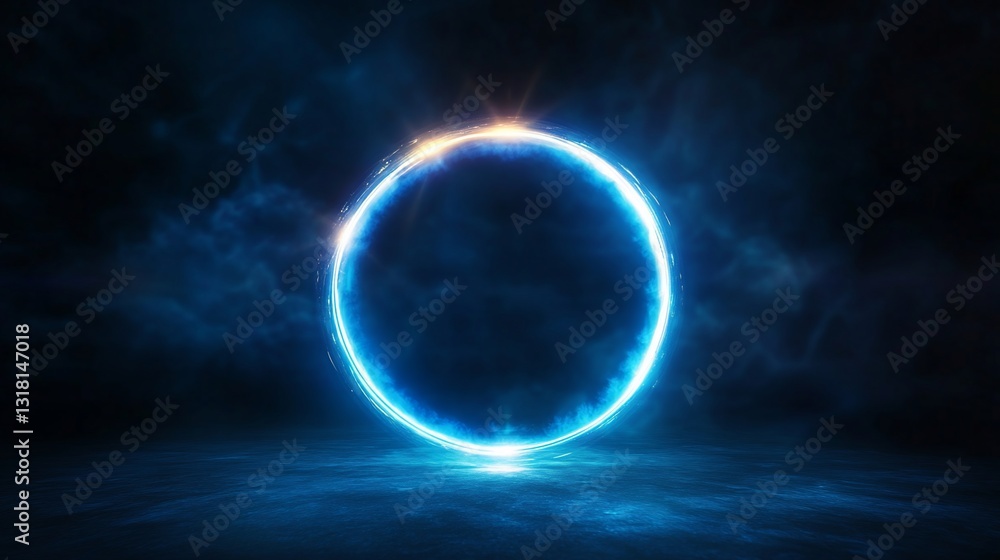 Fototapeta premium Glowing Blue Circle on Floor in Cloudscape, Symbol of Transition and Portal