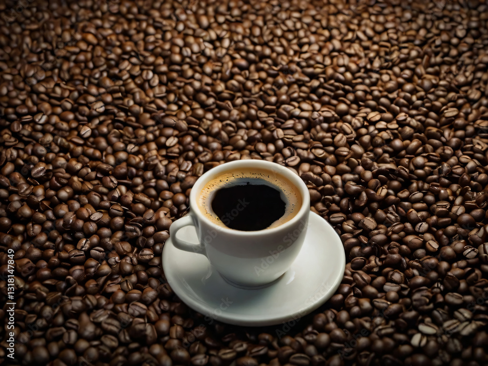 A steaming cup of coffee surrounded by scattered coffee beans. A steaming cup of coffee surrounded by scattered coffee beans.