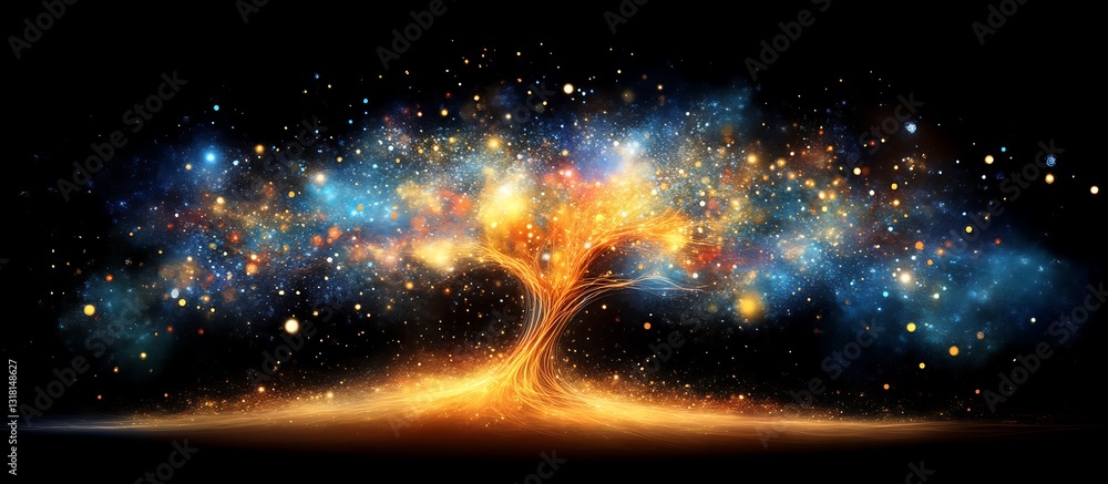 Obraz premium Mystical Tree with Glowing Lights and Cosmic Energy on Black Background