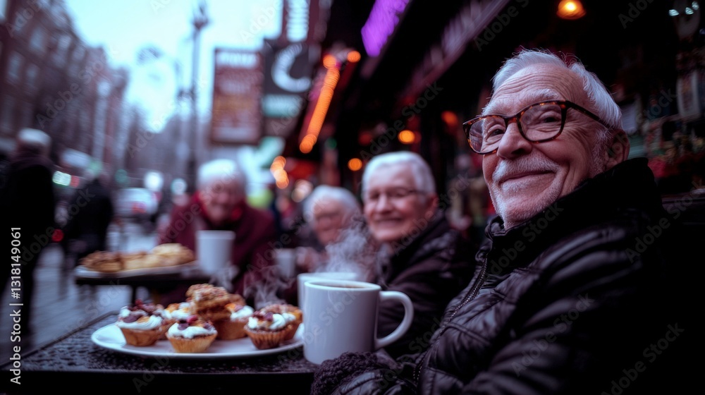 Happy Senior Friends Enjoying Coffee Pastries at a Cozy Cafe Happy Senior Friends Enjoying Coffee Pastries at a Cozy Cafe