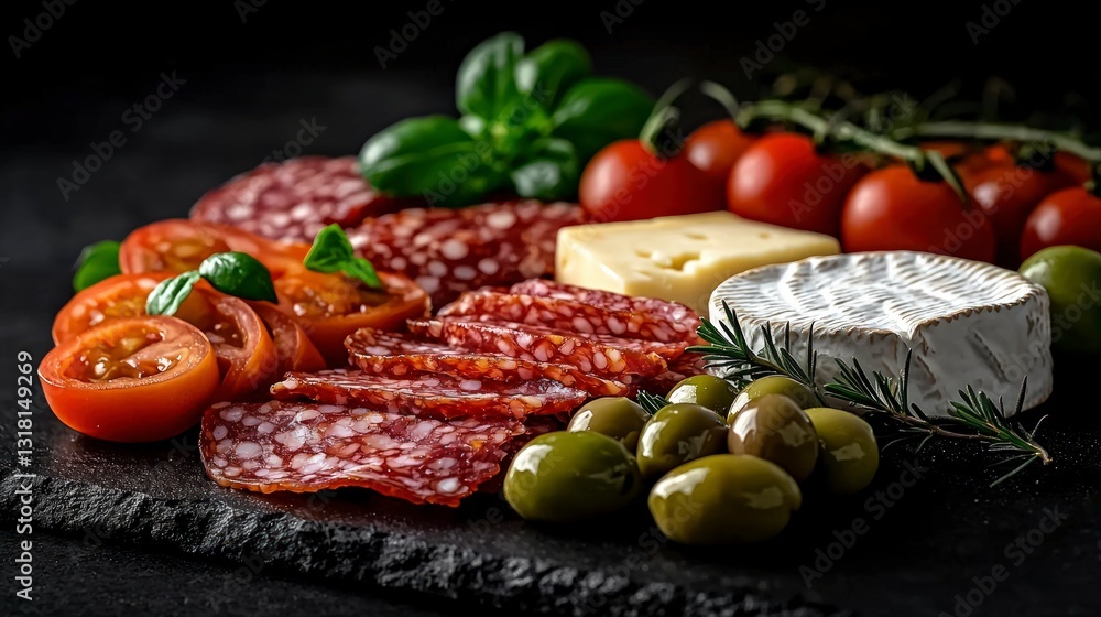 Delicious Charcuterie Board Salami Cheese Olives Tomatoes Delicious Charcuterie Board Salami Cheese Olives Tomatoes