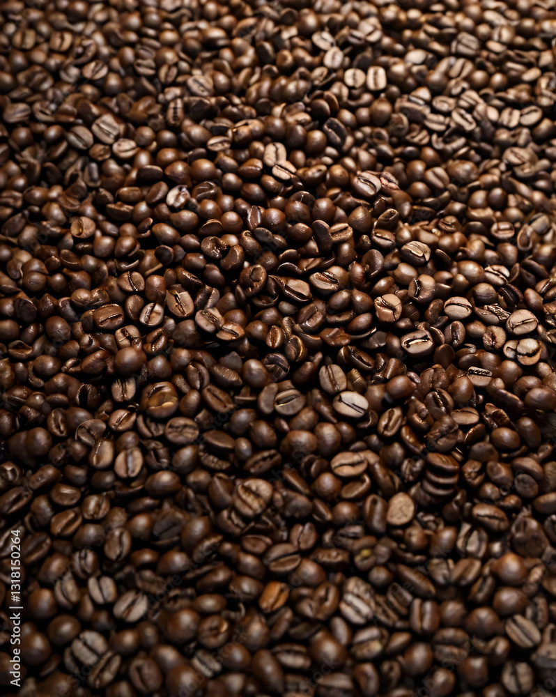 Fototapeta premium A steaming cup of coffee surrounded by scattered coffee beans.