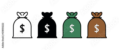 Money Bag Icon Set – Dollar Sack Symbol, Cash Bag, Wealth, Finance, Banking, Currency, Savings, Investment, Economy, Business, Financial Success