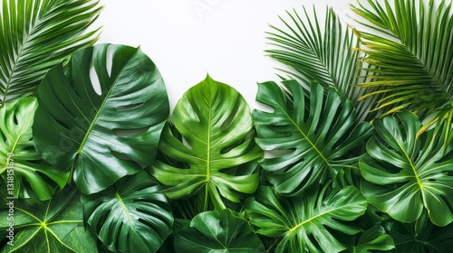 Wallpaper Mural Lush Tropical Greenery Exotic Monstera and Palm Leaves on White Background Torontodigital.ca