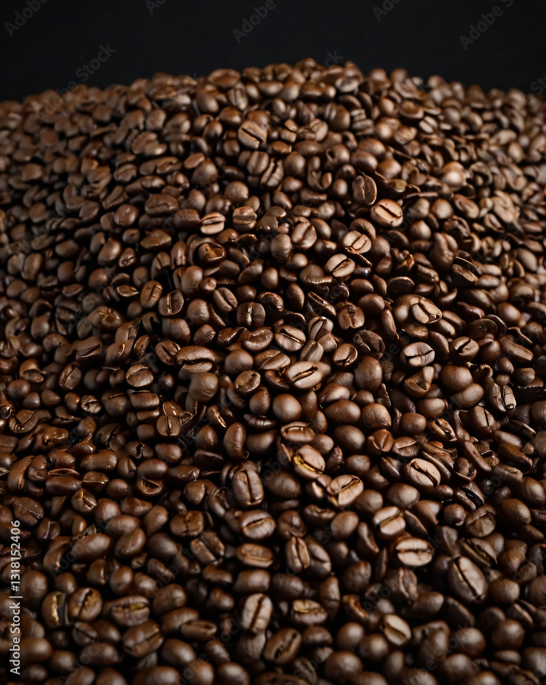 Fototapeta premium A steaming cup of coffee surrounded by scattered coffee beans.