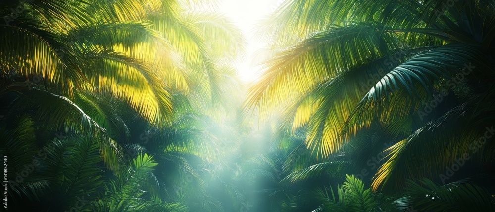 Obraz premium Tropical Paradise Sunlit Palm Leaves in Lush Jungle