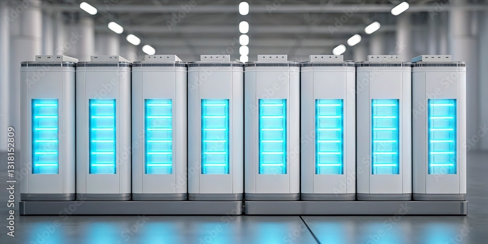 A high-definition 3D render of a futuristic energy storage system with glowing power cells and clean, modern design