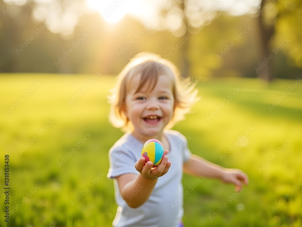 Child joyfully holding a colorful Easter egg while smiling in a sunny meadow during a spring afternoon Child joyfully holding a colorful Easter egg while smiling in a sunny meadow during a spring afternoon