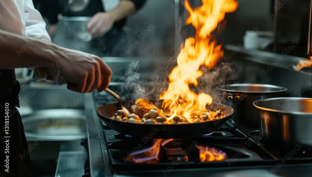 Chef flamb?ing mushrooms in a hot pan. Chef flamb?ing mushrooms in a hot pan.