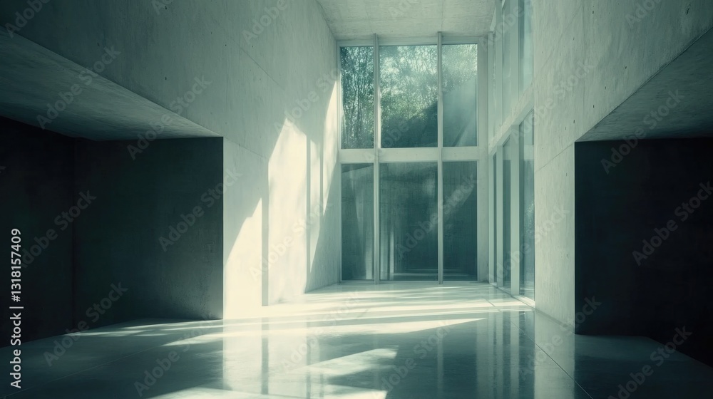 Obraz premium A modern interior space with large windows and bright light