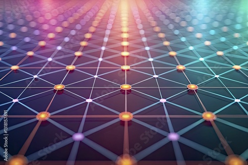 Futuristic abstract composition of niche credit ecosystems with dynamic blockchain grids, soft luminous tokens, and vibrant, diffused color splashes.