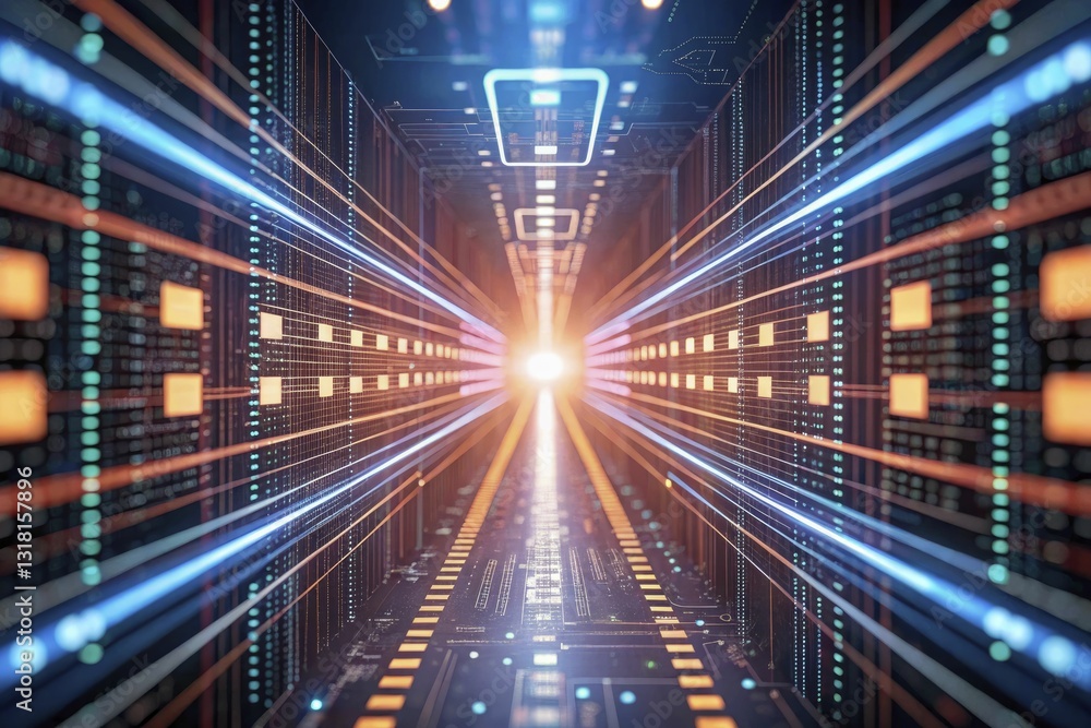 Fototapeta premium Abstract interplay of decentralized data streams and crypto ledger blocks, interwoven with radiant digital circuitry.