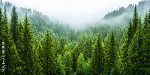 Foggy green pine trees background for health, nature, and travel concepts