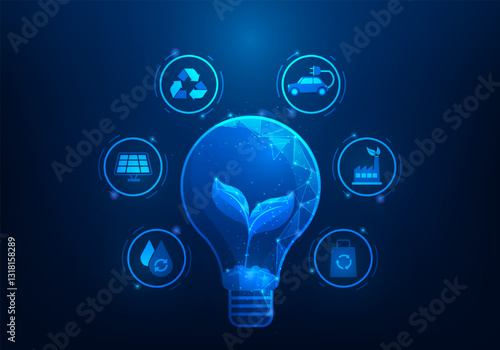 light bulb biotechnology and ecology environment blue background. clean and renewable energy. vector illustration low poly wireframe.