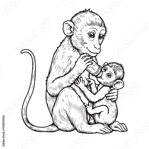 Line art of mother monkey feeding milk baby monkey cartoon vector