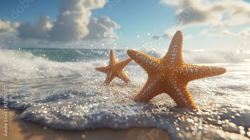 Fototapeta Naklejka Na Ścianę i Meble -  Starfish on the beach in the spray of sea waves