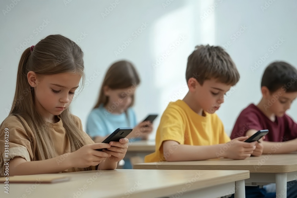 Focused schoolchildren using cellphones while sitting at desks in school classroom interior during break, copy space Focused schoolchildren using cellphones while sitting at desks in school classroom interior during break, copy space