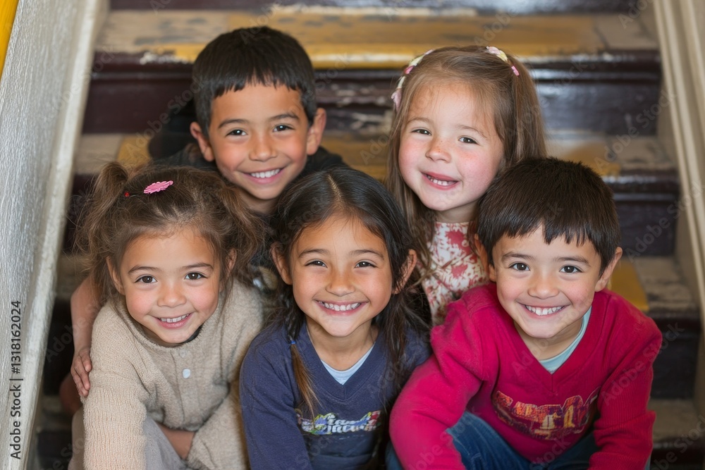 Happy mixed race school kids sitting together on staircase Happy mixed race school kids sitting together on staircase