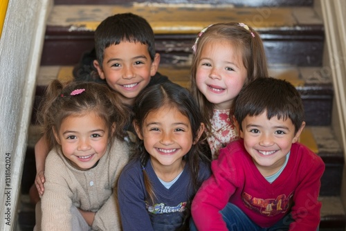 Happy mixed race school kids sitting together on staircase