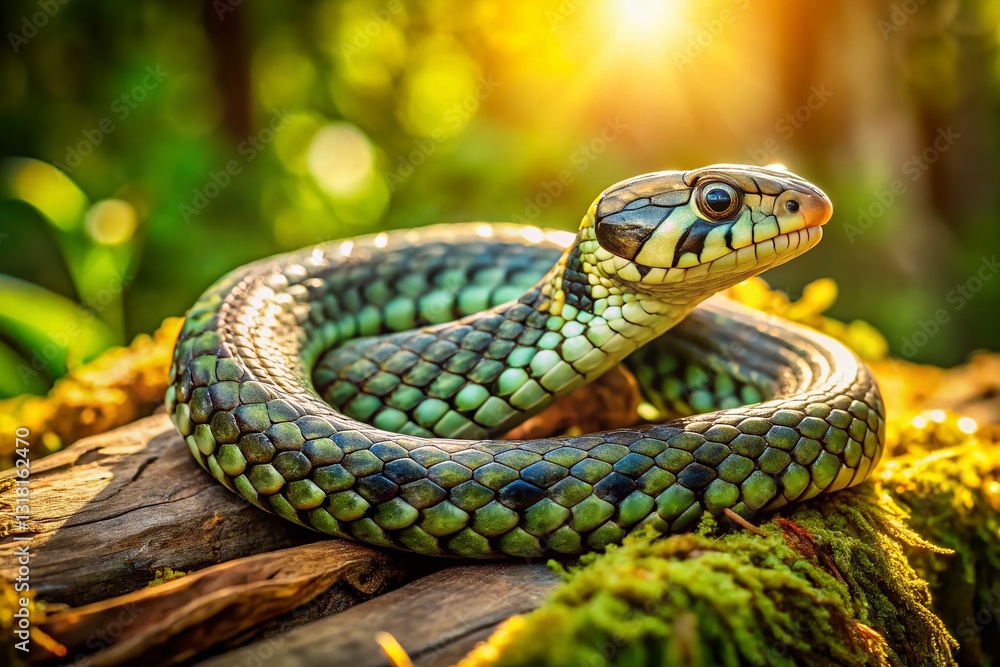 Grass Snake Sunbathing on Tree Stump - Wild Reptile Portrait Grass Snake Sunbathing on Tree Stump - Wild Reptile Portrait