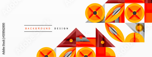 Geometric abstract composition with intersecting shapes, circles, triangles, and gradients, blending vibrant colors and dynamic contrasts to create a modern, futuristic visual design