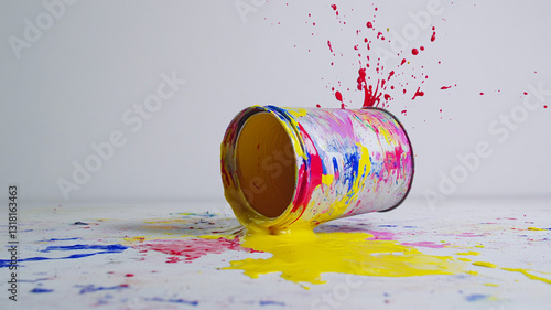 Paint tin falling on floor, close-up