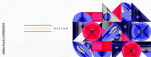Geometric abstract composition with intersecting shapes, circles, triangles, and gradients, blending vibrant colors and dynamic contrasts to create a modern, futuristic visual design