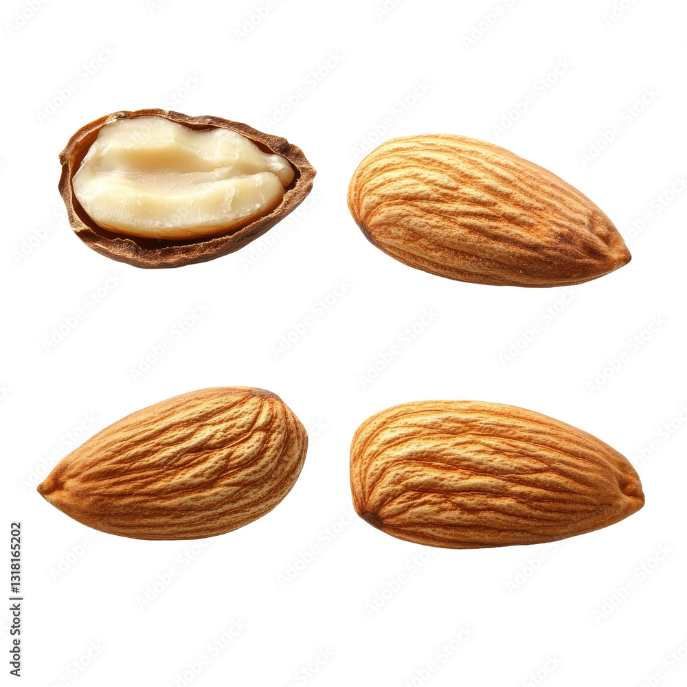 Raw almonds in various forms isolated on transparent background showcasing their natural texture and appearance, Different angle of raw almonds isolated on transparent background Raw almonds in various forms isolated on transparent background showcasing their natural texture and appearance, Different angle of raw almonds isolated on transparent background