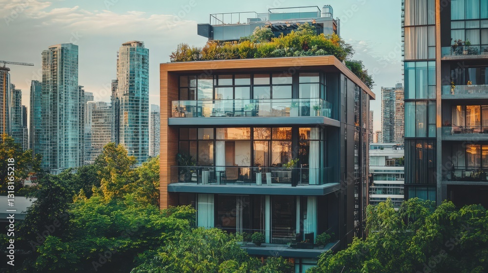 Urban Oasis Modern Building Design with Balconies and Skyline Backdrop Urban Oasis Modern Building Design with Balconies and Skyline Backdrop