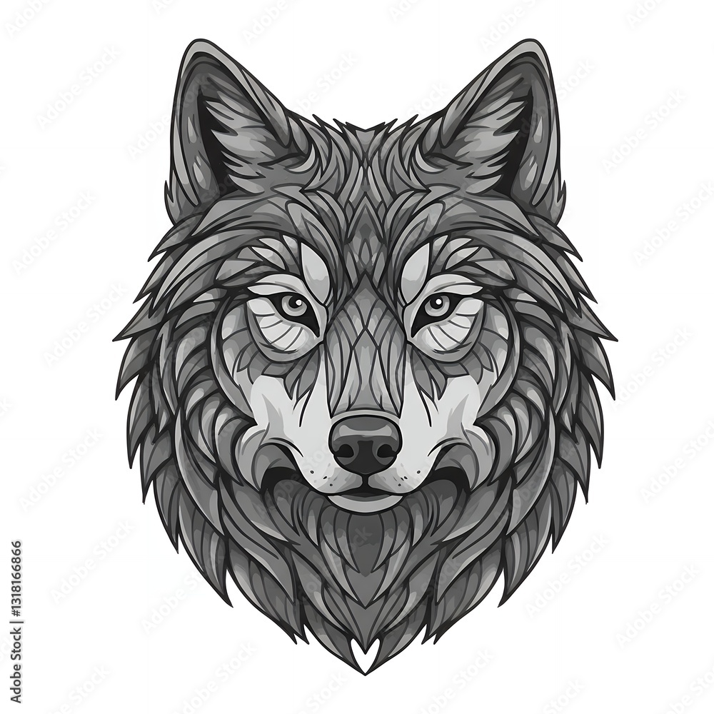Obraz premium A grayscale vector illustration of a wolf in tribal art style for coloring, featuring bold, curved lines.