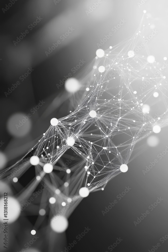 Obraz premium This abstract image features a network of white nodes connected by lines, set against a black background, creating a modern and futuristic visual representation.