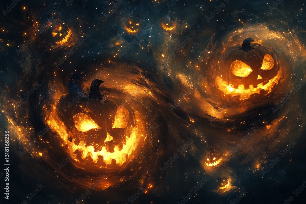 Naklejka premium Two pumpkins are floating in space, one of which has a black hat on. The other pumpkin has a smiley face