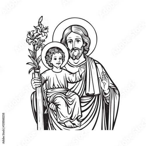 Saint Joseph day with child Jesus illustration coloring page