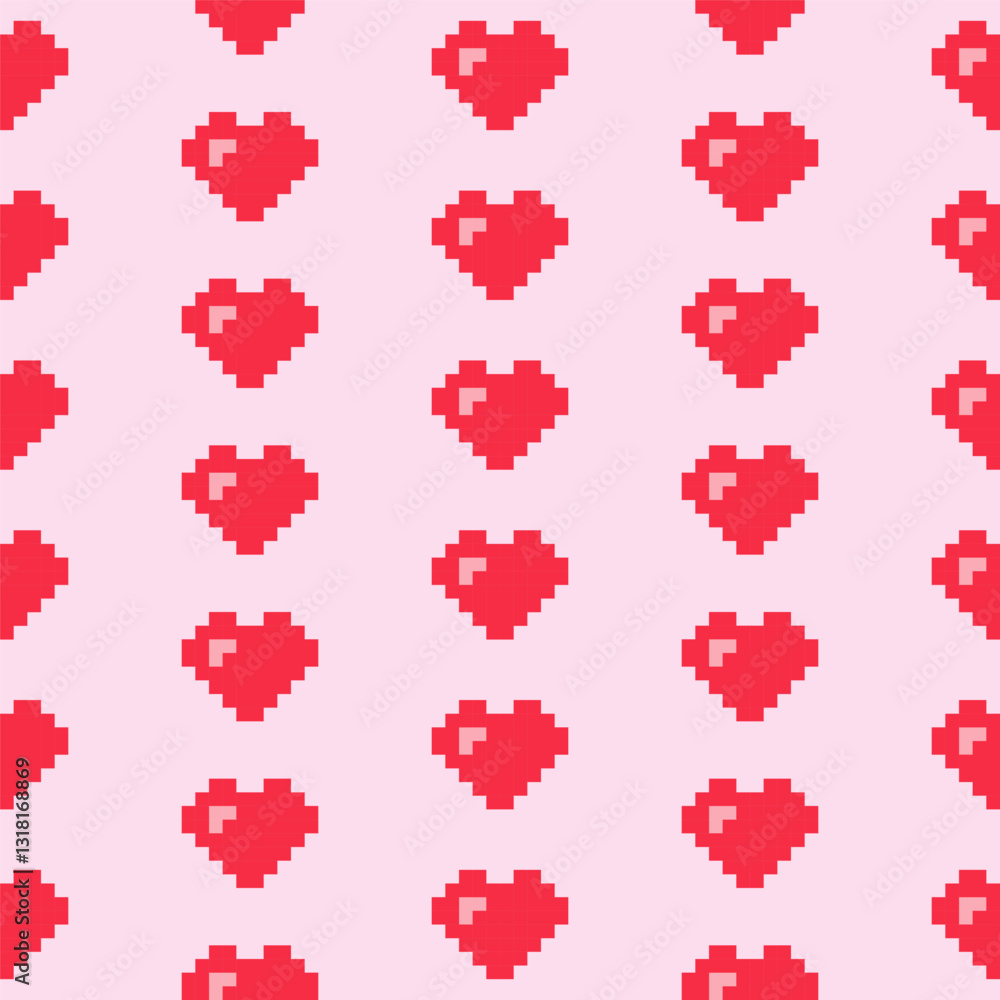 Seamless pattern with red pixel hearts