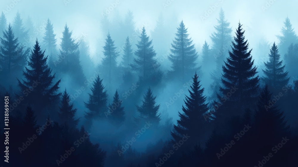 Fototapeta premium Dense foggy forest filled with numerous tall evergreen trees