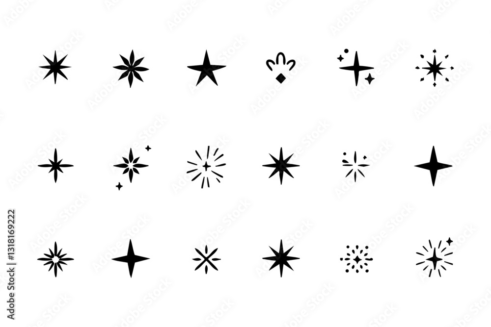 Bold starburst and sparkle icon set in black silhouette style isolated on white background
Bold starburst and sparkle icon set in black silhouette style isolated on white background