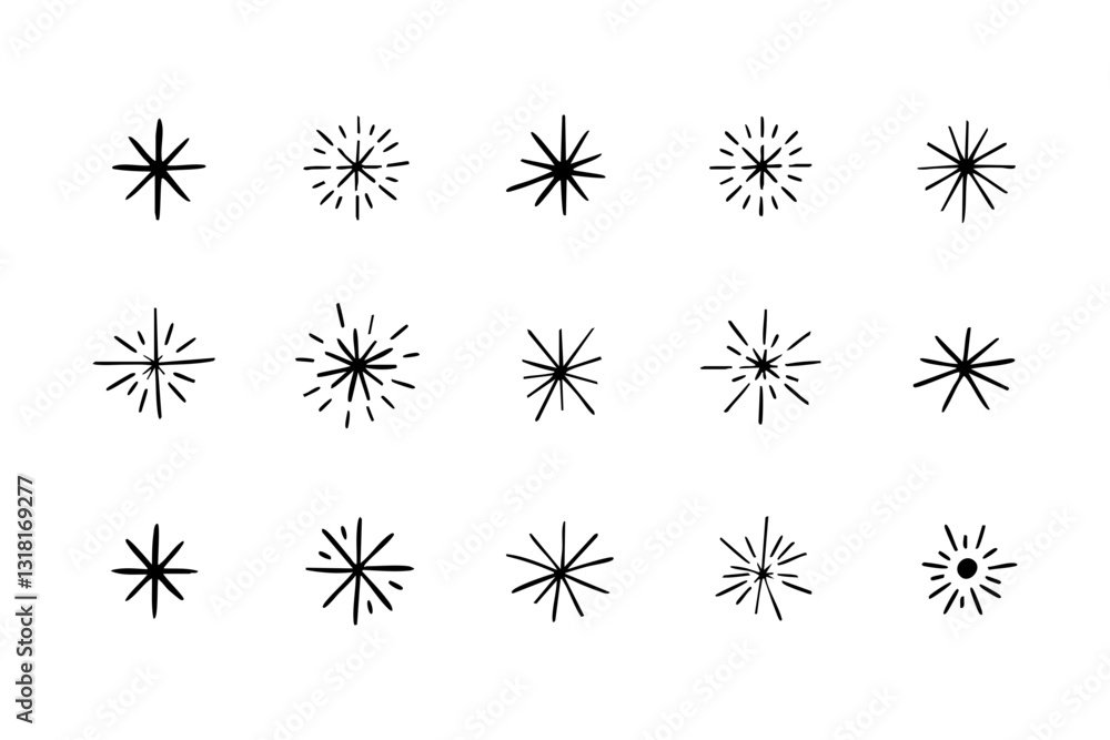 Hand-Drawn Radiant Burst and Sparkle Icon Set – Minimalist Celestial Elements
