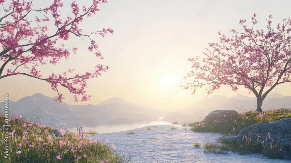 Obraz premium Beautiful springtime landscape featuring blossoming trees with serene water views