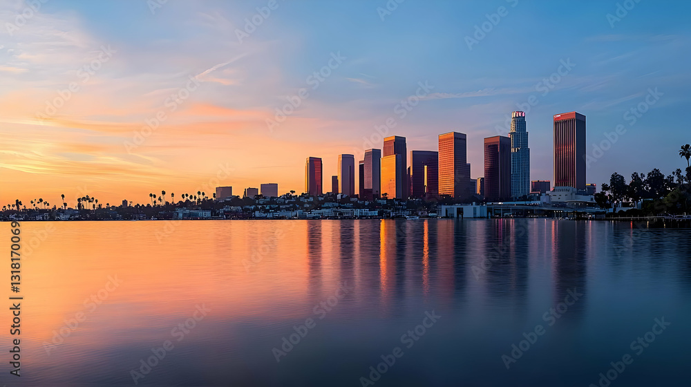 Obraz premium City Skyline Reflecting In Calm Water At Sunset Showing Buildings And Sky In Orange And Blue
