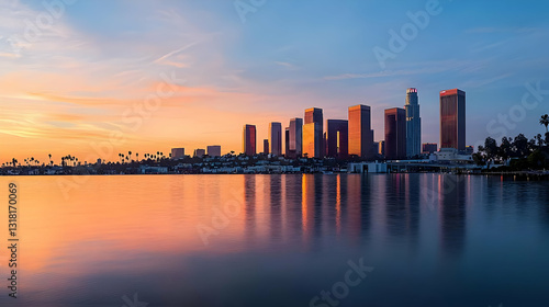 Wallpaper Mural City Skyline Reflecting In Calm Water At Sunset Showing Buildings And Sky In Orange And Blue Torontodigital.ca