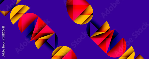 Abstract geometric background with layered gradient shapes forming dynamic patterns. Overlapping semi circles and triangles create depth and contrast